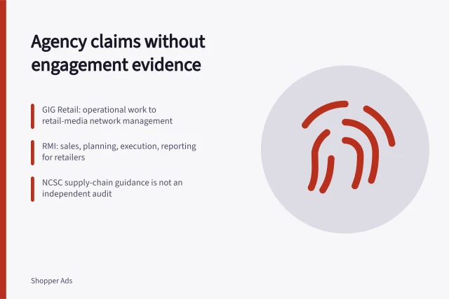 Card comparing GIG Retail and RMI service descriptions and missing engagement evidence. GIG Retail and RMI on paper: what their service descriptions say and what they cannot prove