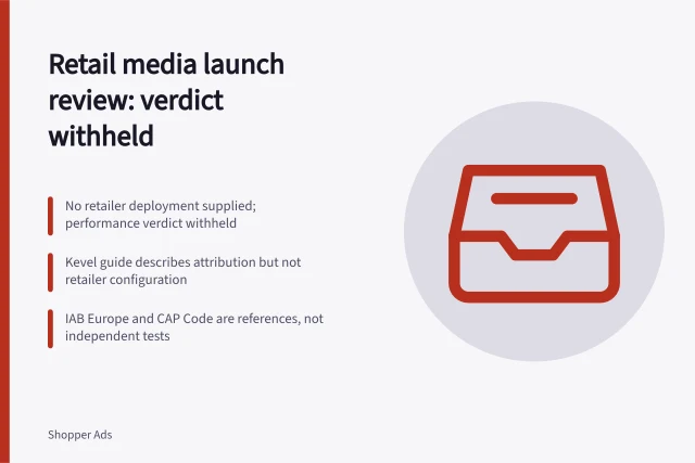 Card summarizing retail media launch review with verdict withheld. A retail media launch reviewed from public documentation only, verdict withheld