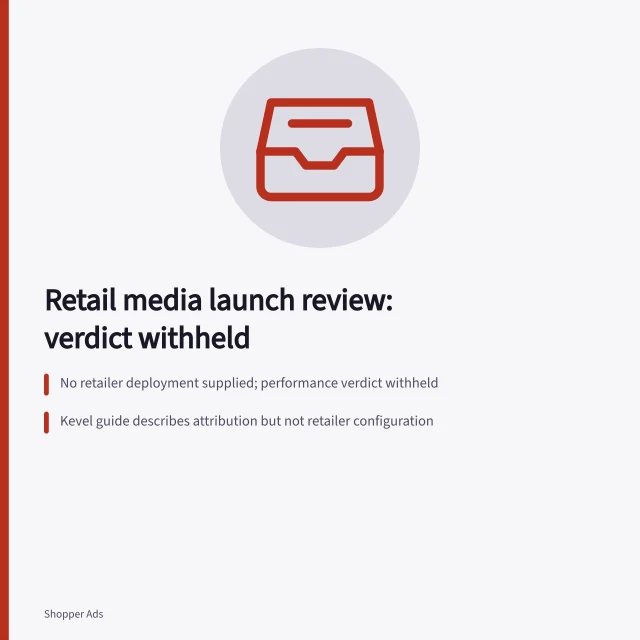 Card summarizing retail media launch review with verdict withheld. A retail media launch reviewed from public documentation only, verdict withheld