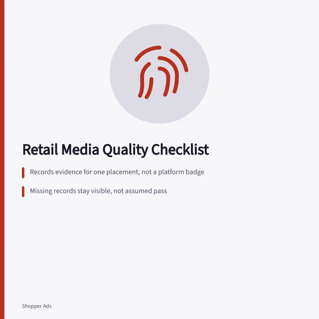 Checklist card for retail media quality with evidence states and measurement notes. A retail media quality checklist that records what was not tested as carefully as what was