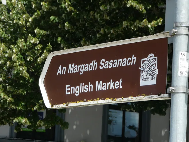 Bilingual Irish-English sign for the English Market , a traditional indoor food market, in which 'Sasanach' is the Irish for 'English'. Scottish and Welsh retail media, devolved rules and bilingual campaigns